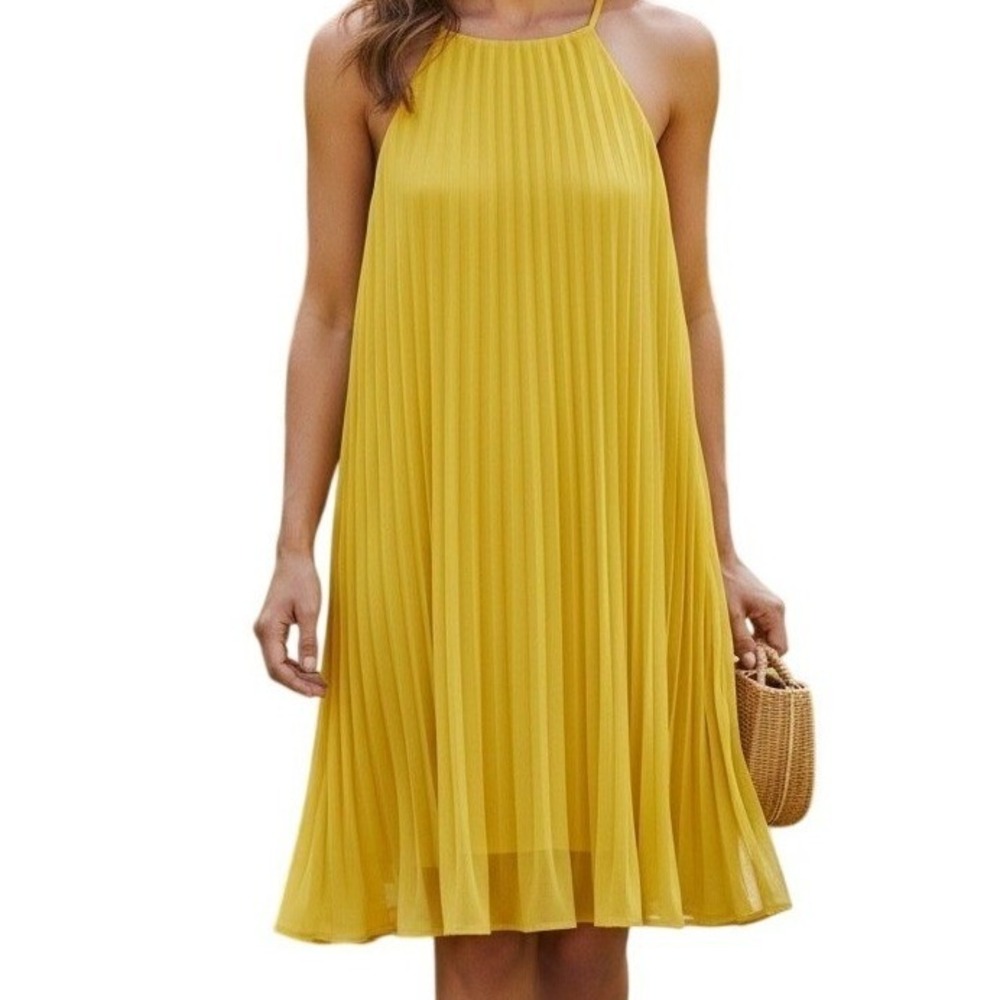 EXPRESS‎ Silk Canary Yellow Pleated Halter Trapeze Sleeveless Dress EUC Medium